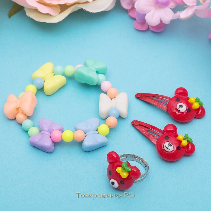 Набор детский «Выбражулька» 4 предмета: 2 заколки, браслет, кольцо «Бантики», цвет МИКС, форма МИКС